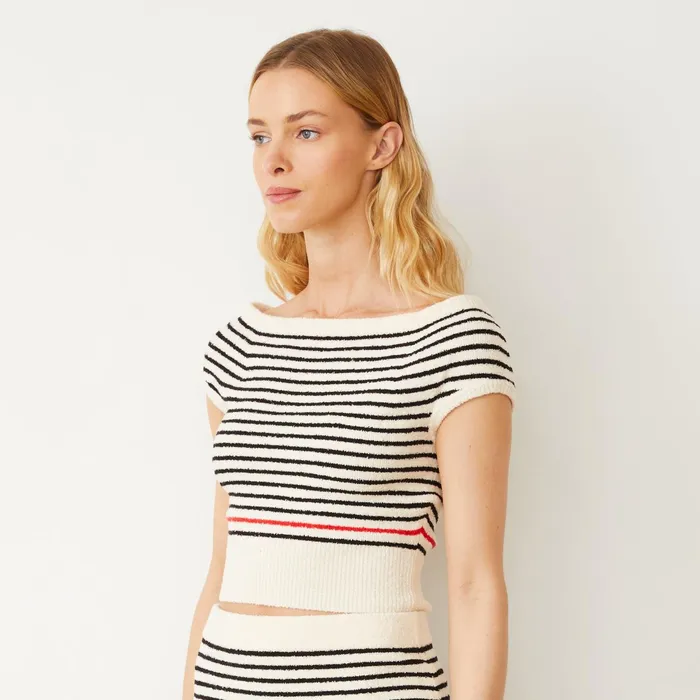 Women Tees MONROW Boucle Knit Off Shoulder Top Cream Black