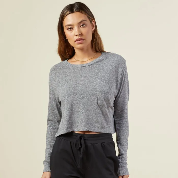 Women Tees MONROW Cropped Long Sleeve ExBoyfriend Pocket Crew Granite