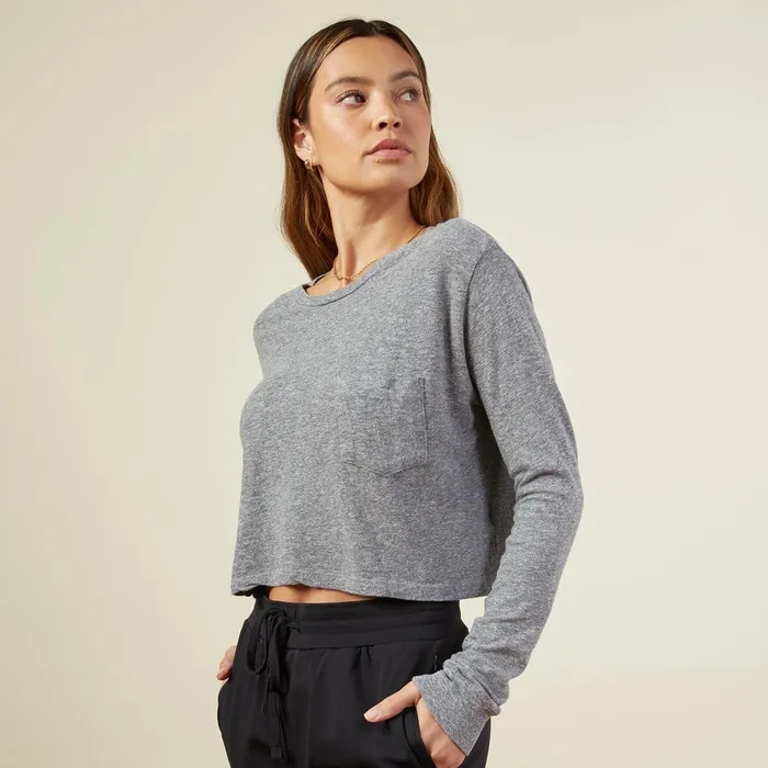 Women Tees MONROW Cropped Long Sleeve ExBoyfriend Pocket Crew Granite