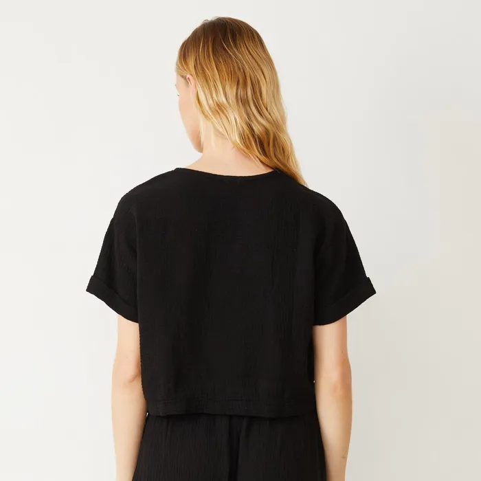 Women Tees MONROW Gauze V Neck Mini Top Black