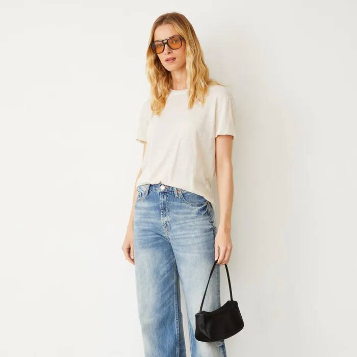 Women Tees MONROW Linen Jersey Basic Crew Neck Tee Pearl
