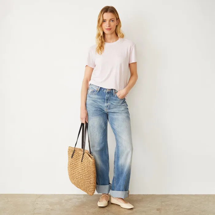Women Tees MONROW Linen Jersey Basic Crew Neck Tee Pink Pearl