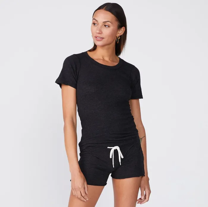 Women Tees MONROW Textured TriBlend Fitted Crew Neck Tee Black