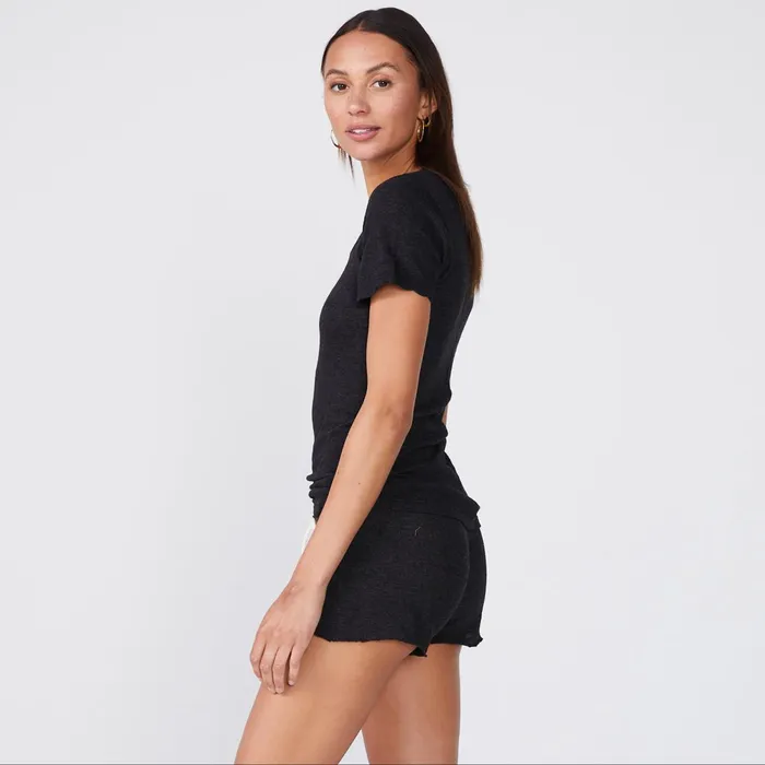 Women Tees MONROW Textured TriBlend Fitted Crew Neck Tee Black