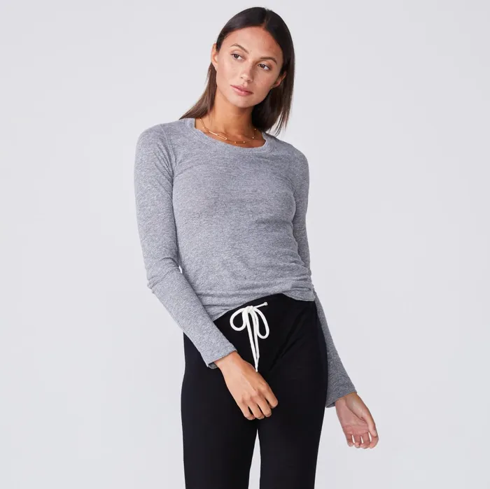 Women Tees MONROW Textured TriBlend Fitted Long Sleeve Crew Granite