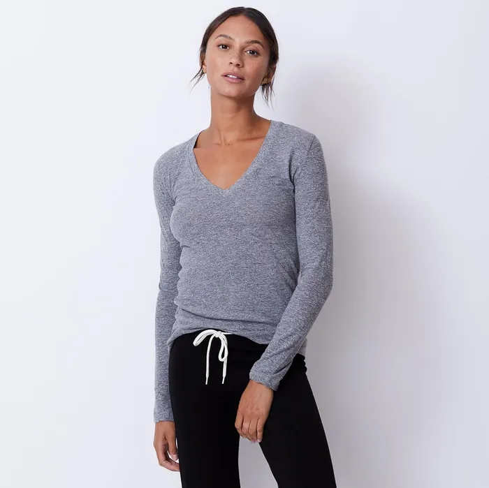 Women Tees MONROW Textured TriBlend Fitted Long Sleeve V Neck Tee Granite