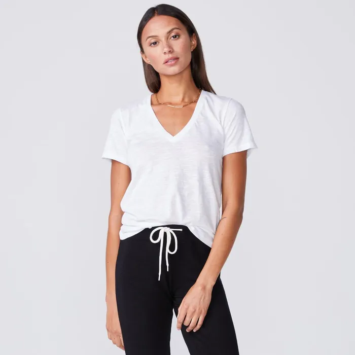 Women Tees MONROW Textured TriBlend Fitted V Neck Tee White
