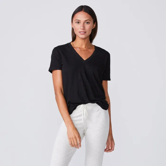 Women Tees MONROW Textured TriBlend Relaxed V Neck Tee Black