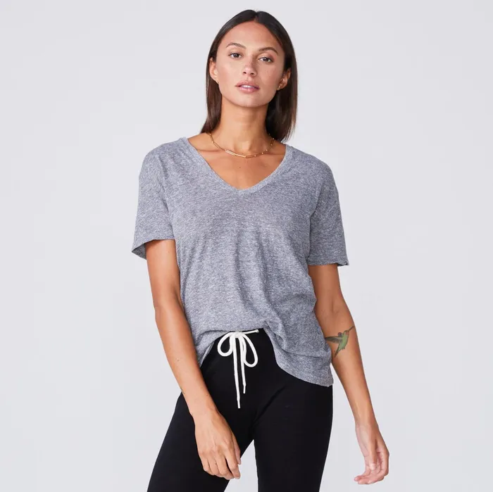 Women Tees MONROW Textured TriBlend Relaxed V Neck Tee Granite