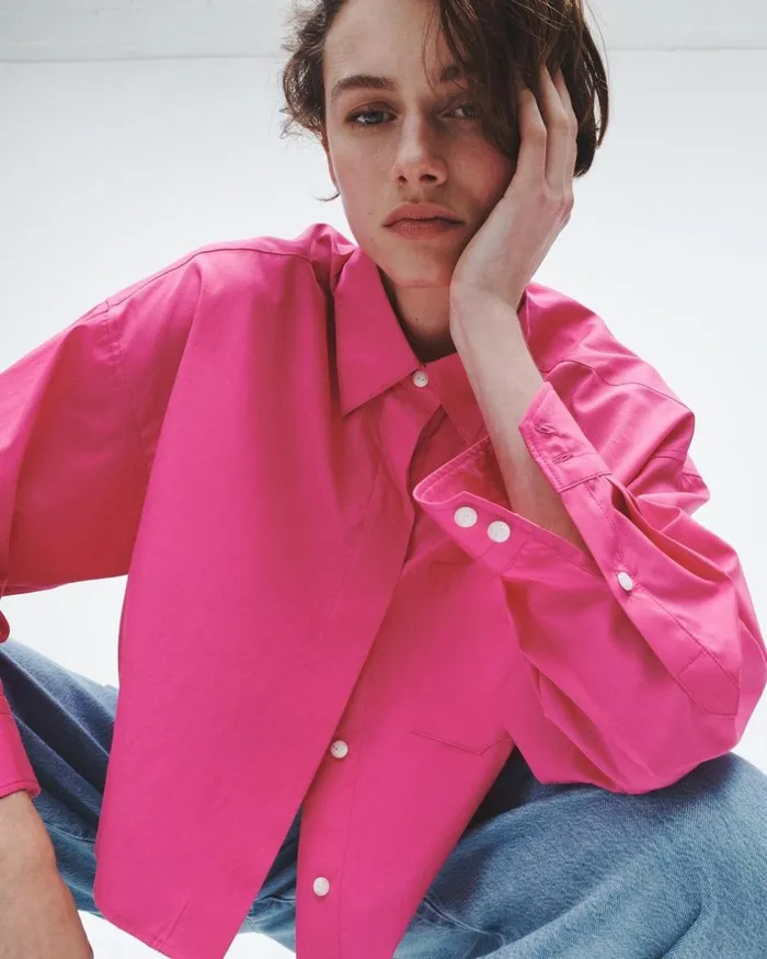 Women Tops Rag 038 Bone Beatrice Cropped Cotton Poplin Shirt Bright Pink