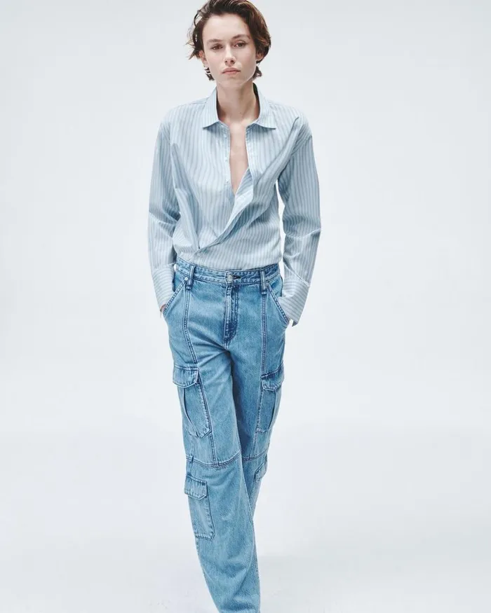 Women Tops Rag 038 Bone Indiana Striped Cotton Poplin Shirt Cool Blue Stripe