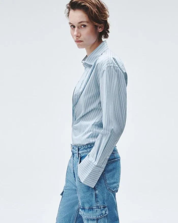 Women Tops Rag 038 Bone Indiana Striped Cotton Poplin Shirt Cool Blue Stripe
