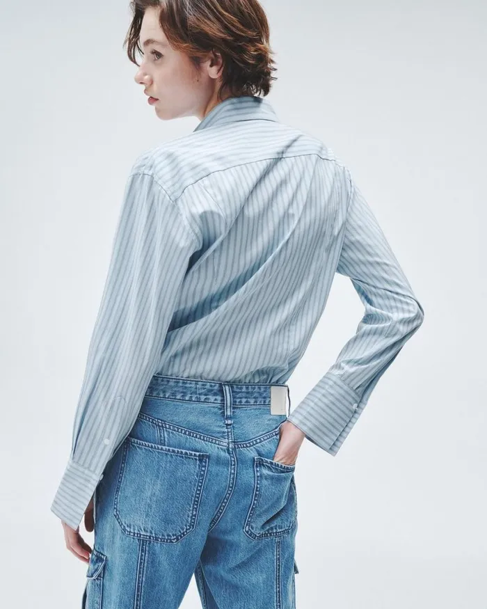 Women Tops Rag 038 Bone Indiana Striped Cotton Poplin Shirt Cool Blue Stripe
