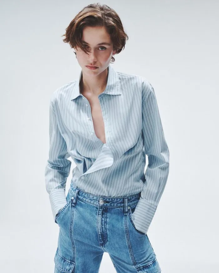 Women Tops Rag 038 Bone Indiana Striped Cotton Poplin Shirt Cool Blue Stripe
