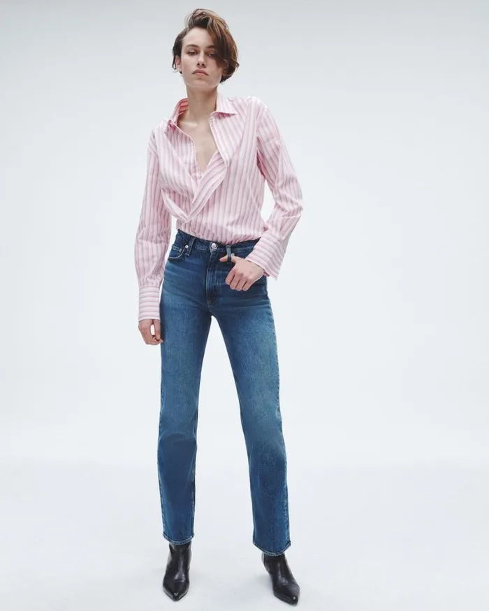 Women Tops Rag 038 Bone Indiana Striped Cotton Poplin Shirt Pink Stripe