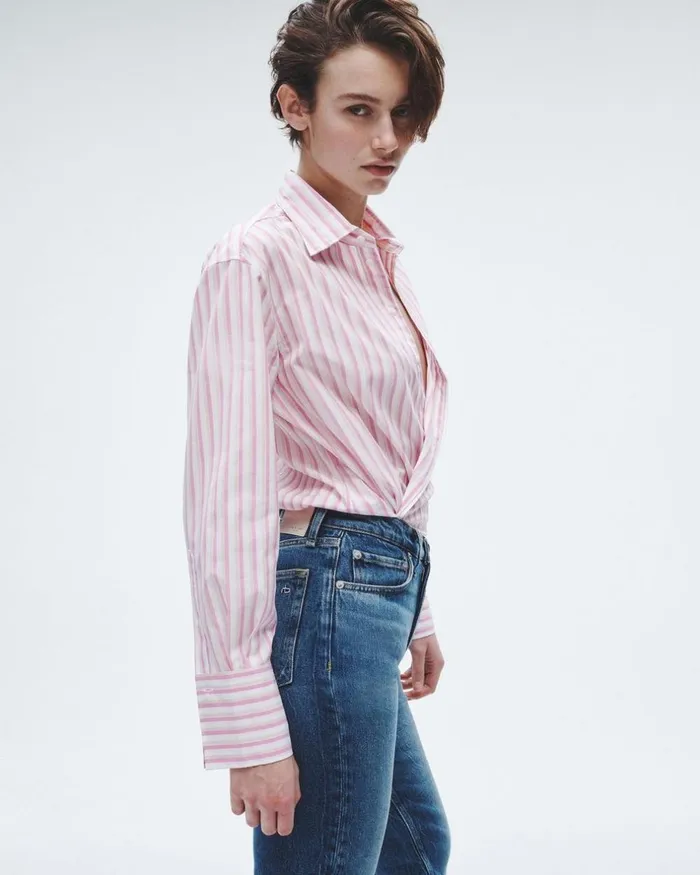 Women Tops Rag 038 Bone Indiana Striped Cotton Poplin Shirt Pink Stripe