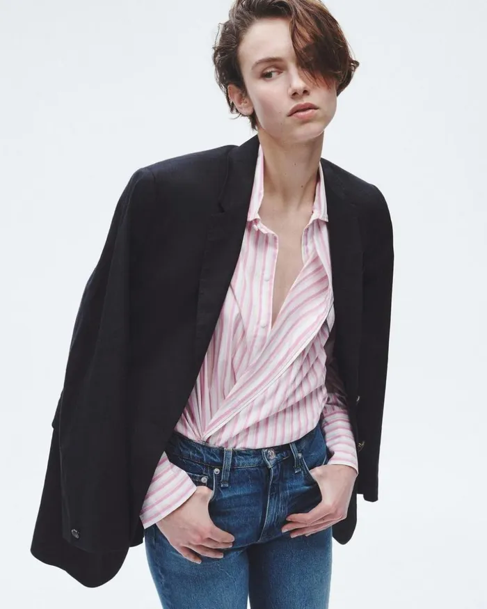 Women Tops Rag 038 Bone Indiana Striped Cotton Poplin Shirt Pink Stripe