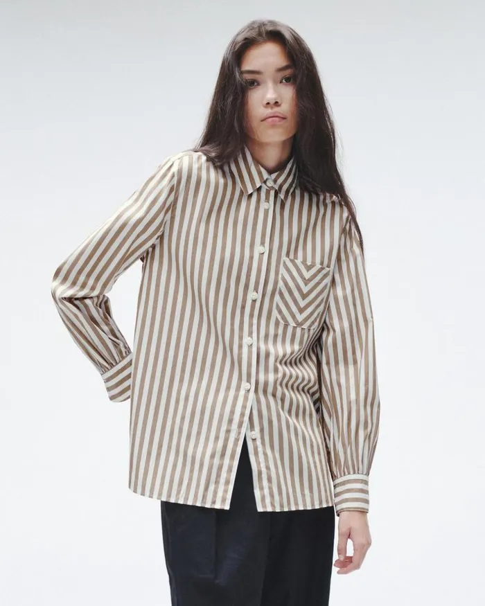 Women Tops Rag 038 Bone Maxine Cotton Poplin Shirt Brown Stripe