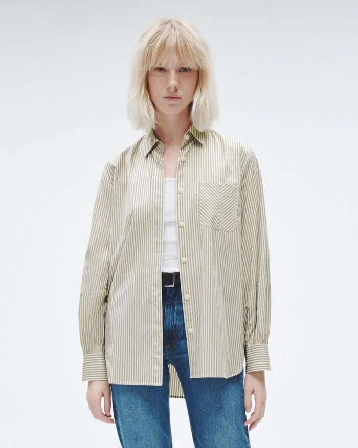 Women Tops Rag 038 Bone Maxine Cotton Poplin Shirt Silver Stripe