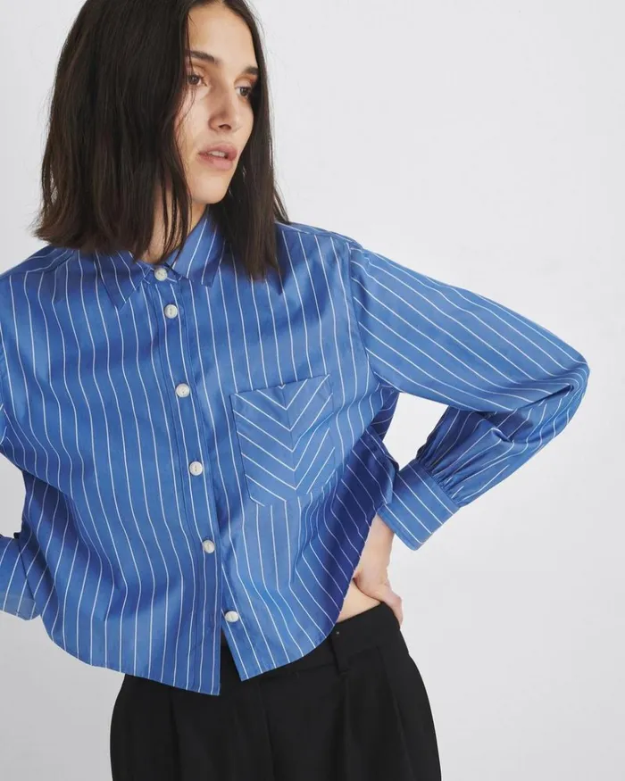 Women Tops Rag 038 Bone Maxine Cropped Cotton Poplin Shirt Blue Stripe