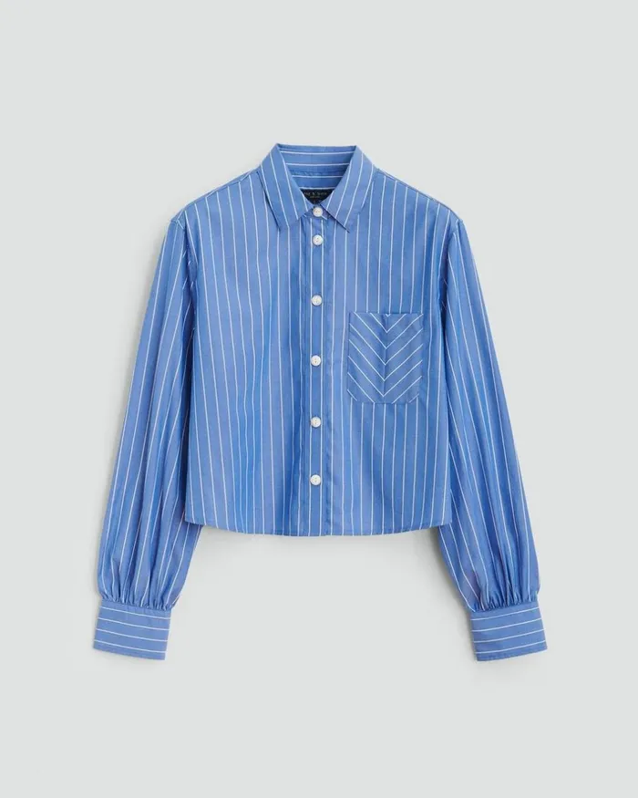 Women Tops Rag 038 Bone Maxine Cropped Cotton Poplin Shirt Blue Stripe