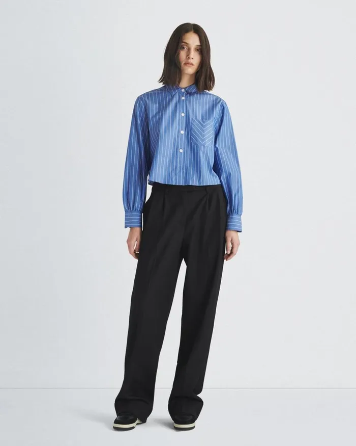 Women Tops Rag 038 Bone Maxine Cropped Cotton Poplin Shirt Blue Stripe