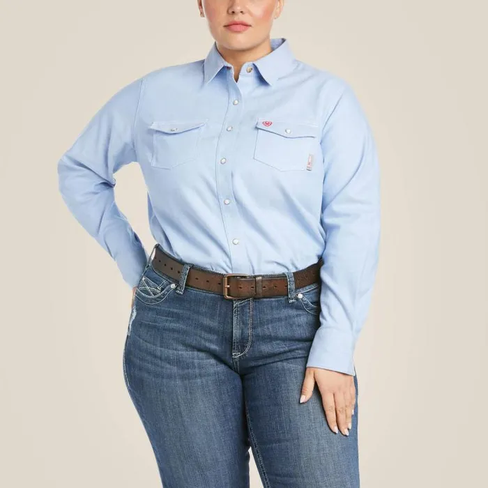 Women Workwear Ariat FR Solid DuraStretch Snap Work Shirt Blue Twill Women Workwear Ariat FR Solid DuraStretch Snap Work Shirt Blue Twill