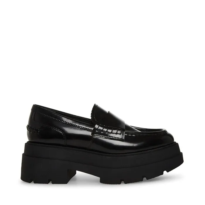 Womens Gaven Black Leather Steve Madden Loafers and Flats
