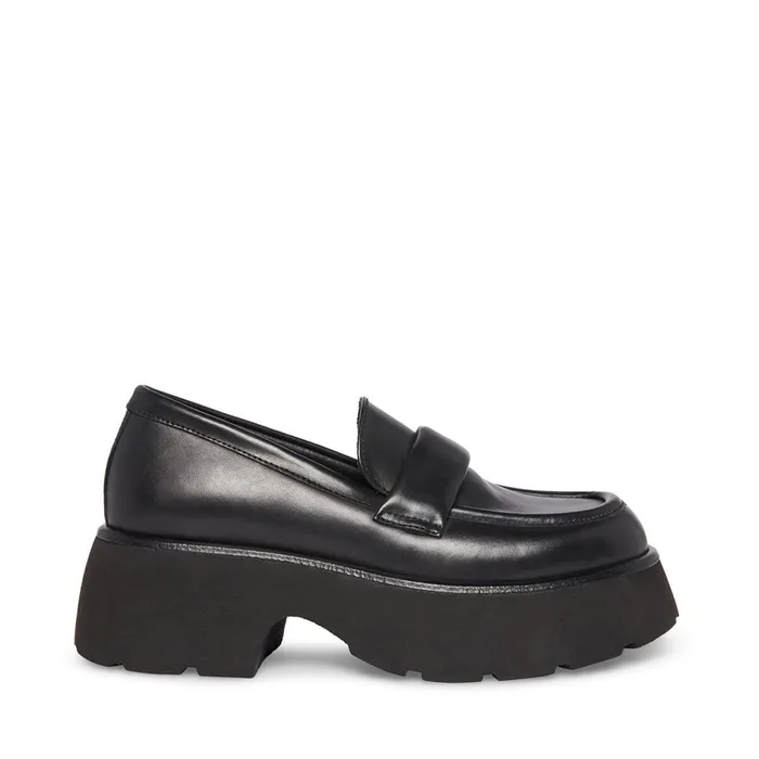Womens Jaxi Black Leather Steve Madden Loafers and Flats