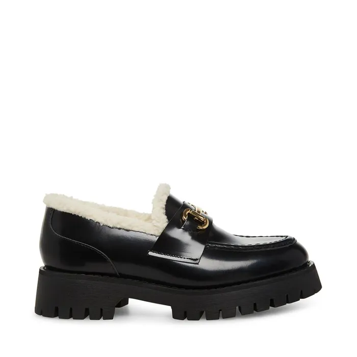 Womens LandoF Black Leather Steve Madden Loafers and Flats