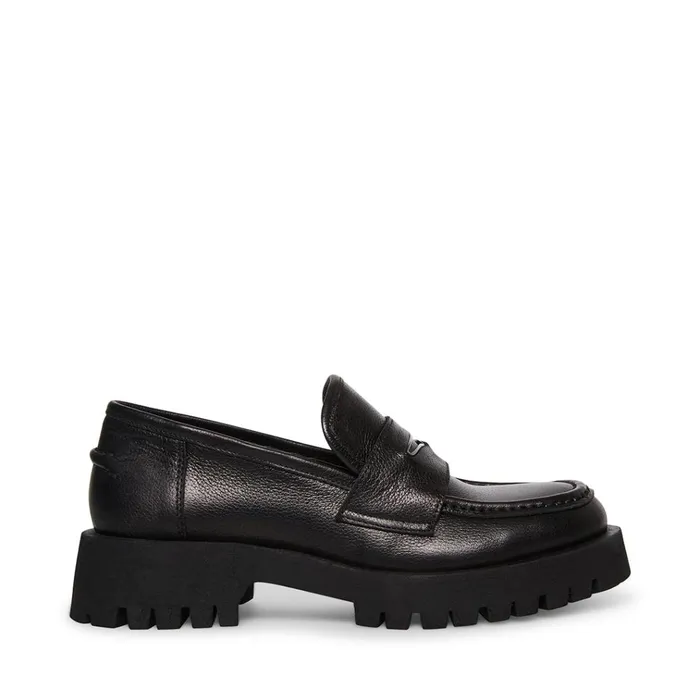 Womens Lawrence Black Leather Steve Madden Loafers and Flats