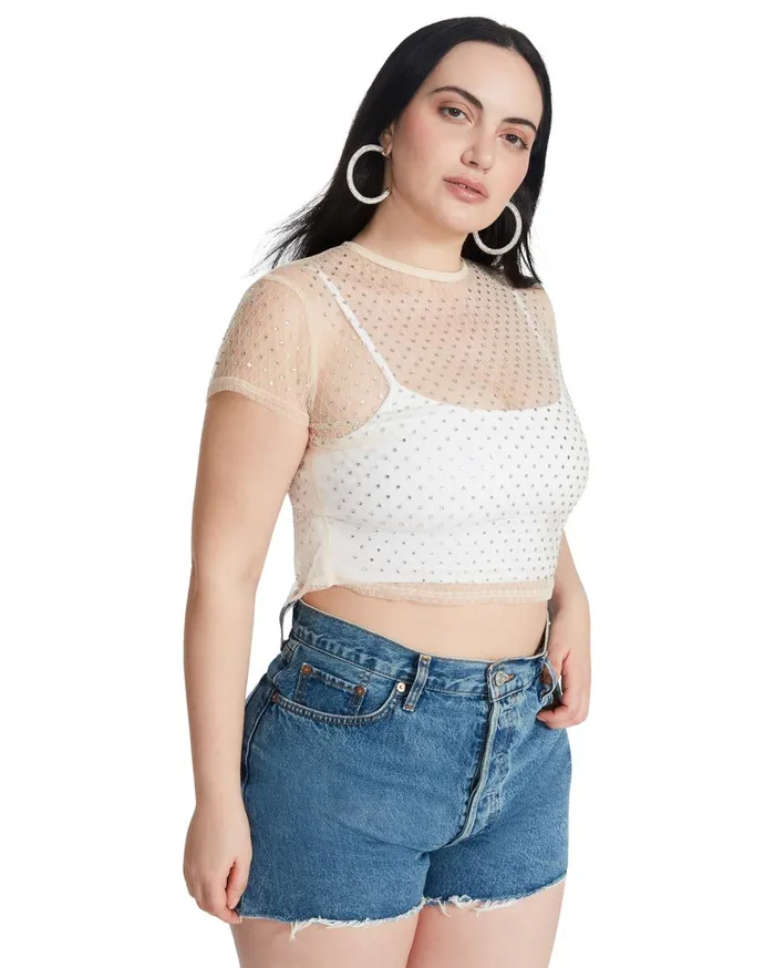 Womens Mesh Rhinestone Top Ivory Steve Madden Tops and Shirts