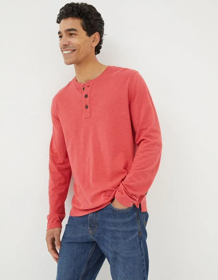 Woodside Slub Cotton Henley Coral Pink Men FatFace TShirts