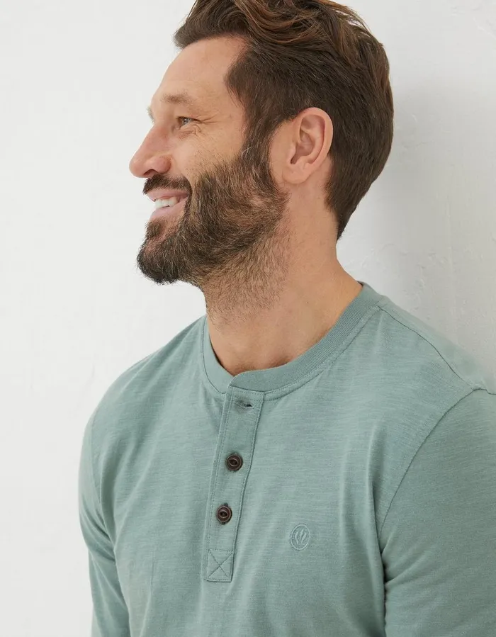 Woodside Slub Cotton Henley Sage Green Men FatFace TShirts