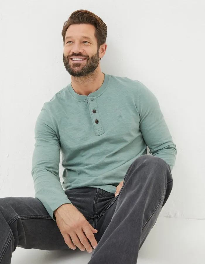 Woodside Slub Cotton Henley Sage Green Men FatFace TShirts